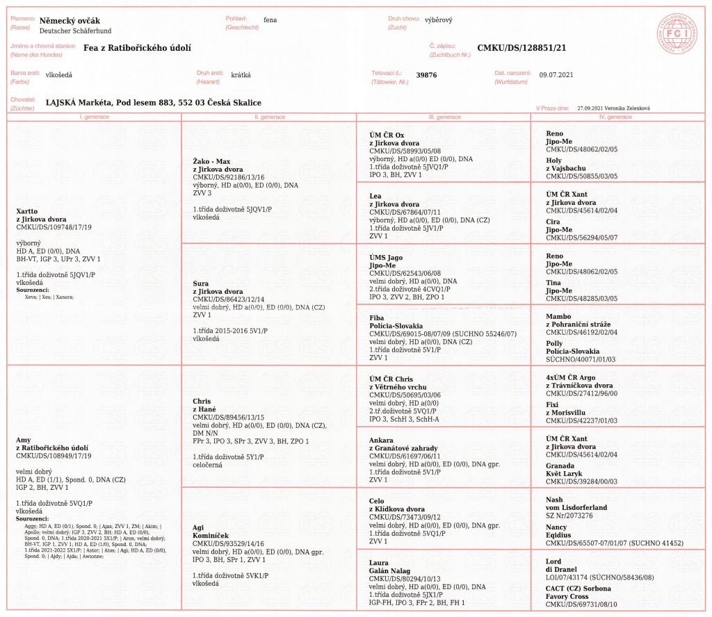 Fea z Ratibořického údolí, pedigree